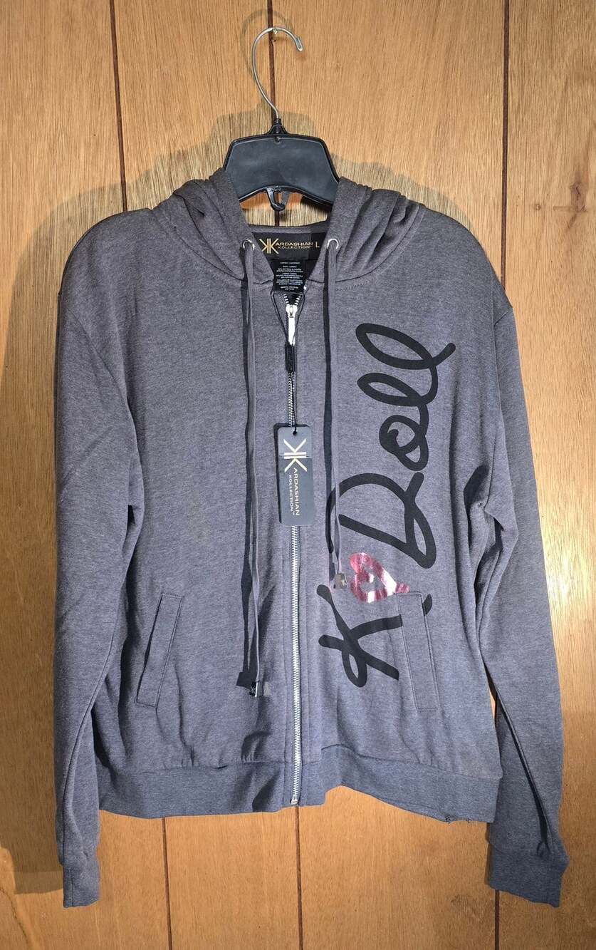 Kardashian Kollection Womens Hoodie Large Gray Black Graphic Zip Up NWT 2013